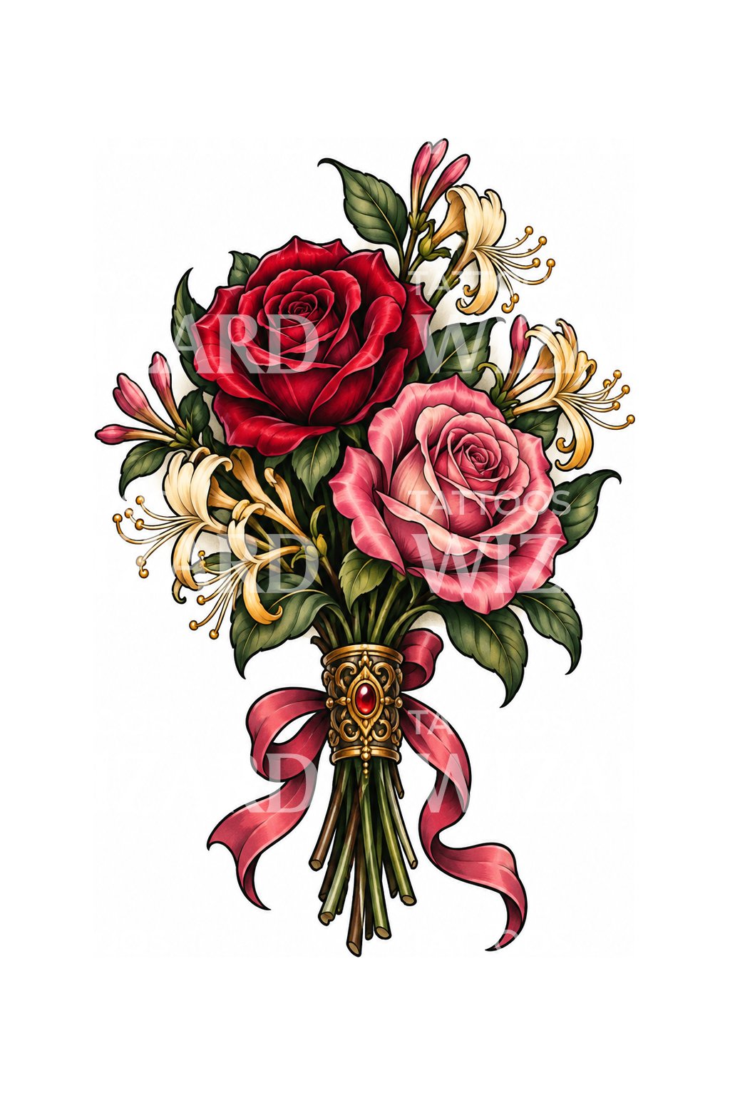 Tattoo-Design für einen Geburtstagsrosenstrauß mit Goldmanschette