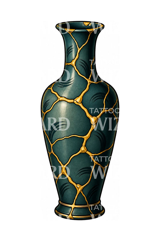 Gold Seam Mended Vase Tattoo Design