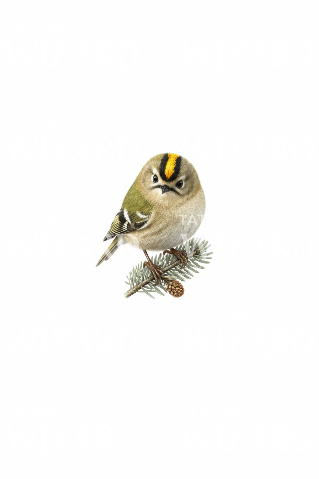 Goldcrest on Spruce Micro Realism Tattoo Idea