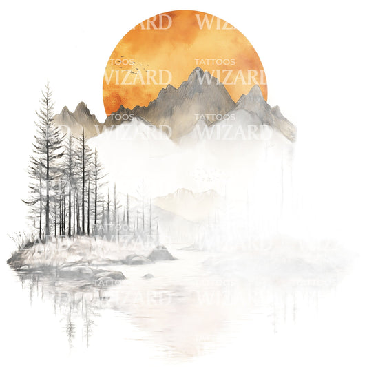 Golden Arizona Landscape with Mountain Reflection Tattoo Design