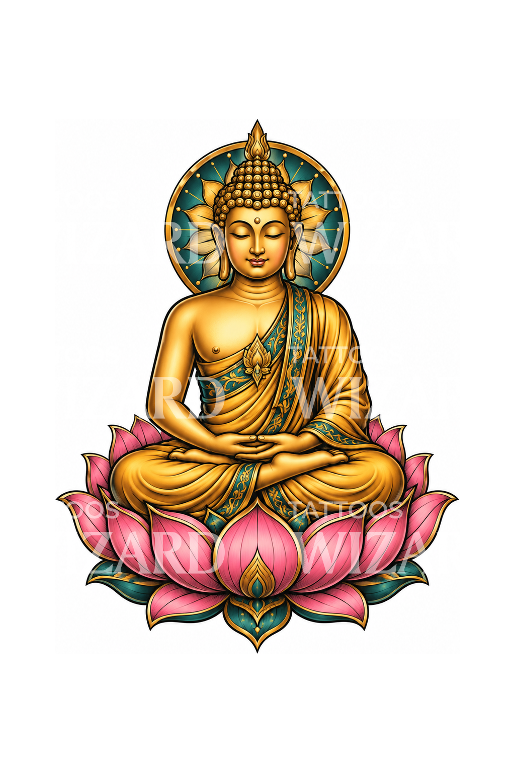 Arany Buddha rózsaszín lótuszon tetováláshoz