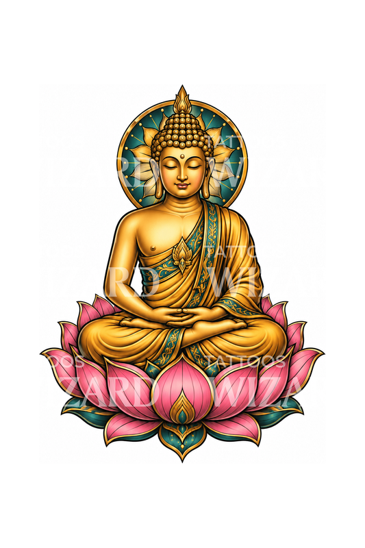 Kultainen Buddha vaaleanpunaisella lootuksella tatuointiin