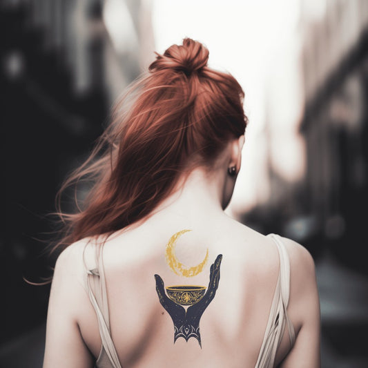 Golden Crescent Chalice Hands Tattoo Design