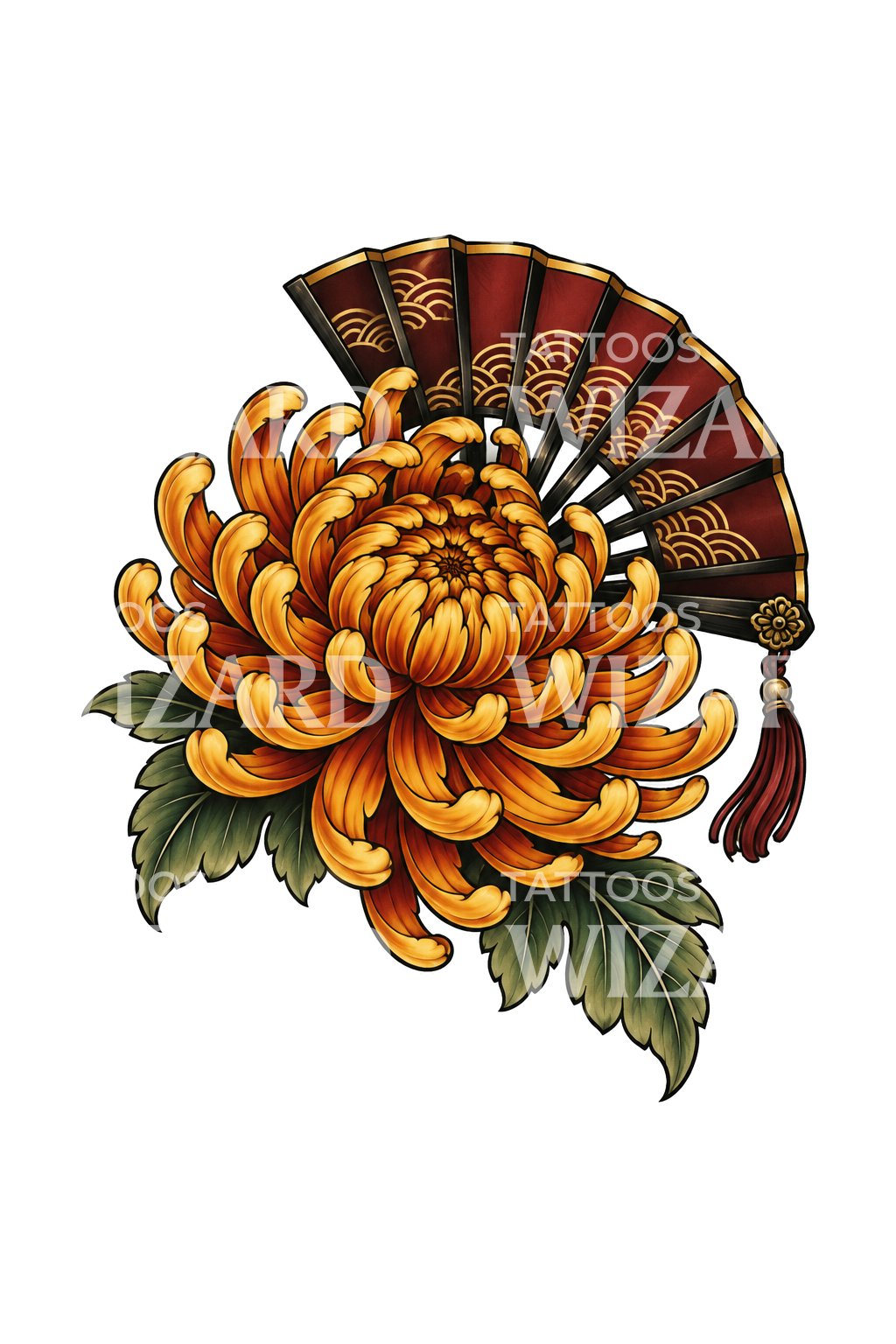 Desain Tato Krisan Emas dan Kipas Berlapis Lak