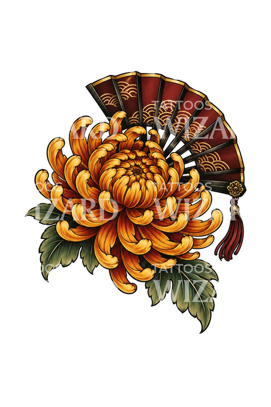 Golden Chrysanthemum and Lacquer Fan Tattoo Design