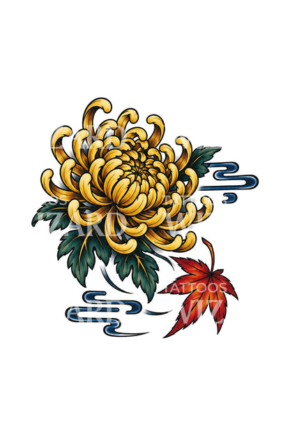 金色菊花与枫叶纹身设计