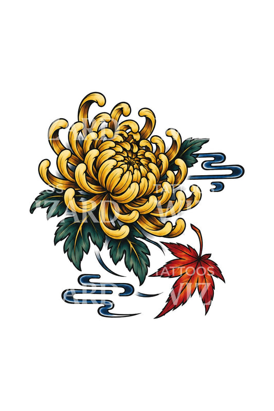 金色菊花与枫叶纹身设计