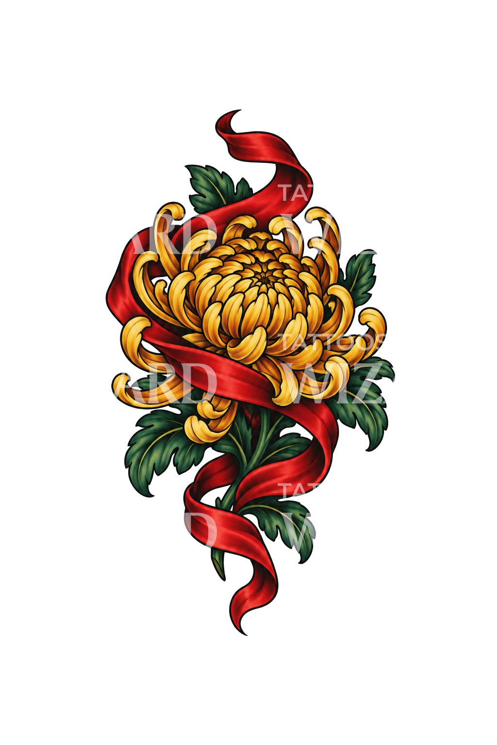 Goldene Chrysantheme in roter Seide, Tattoo-Design