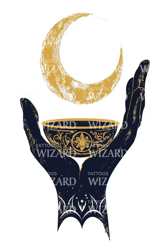 Golden Crescent Chalice Hands Tattoo Design