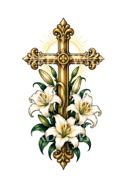 Goldenes Kreuz mit Osterlilien, Tattoo-Design