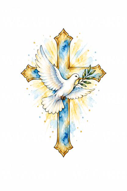 Golden Cross with Peace Dove Watercolor Tattoo