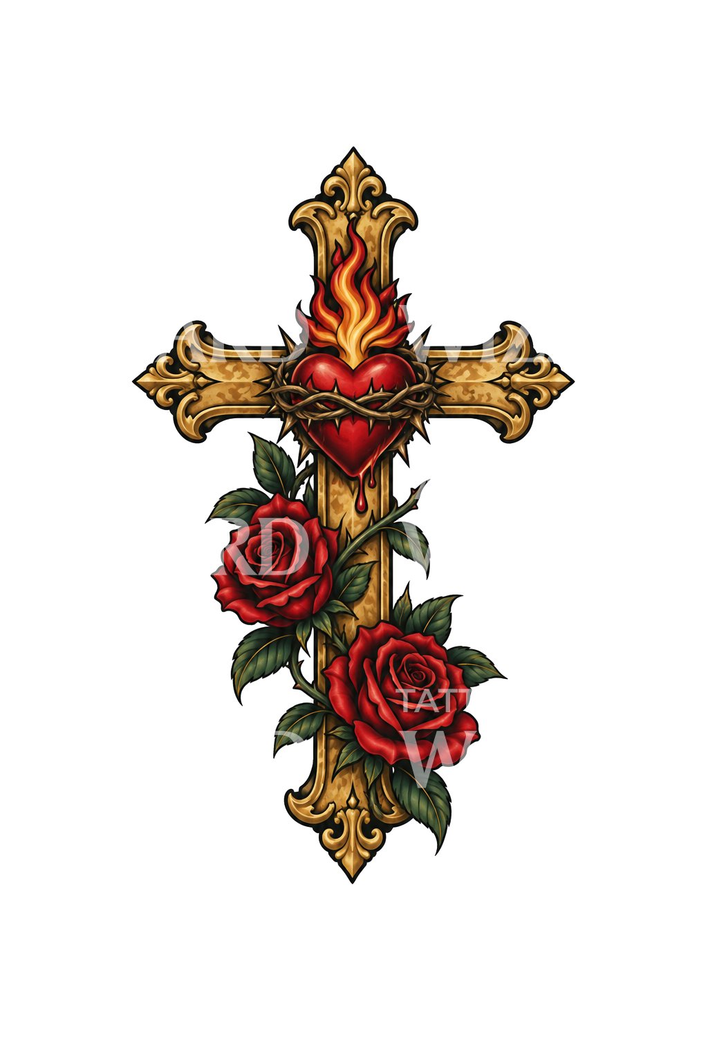 Goldenes Kreuz mit Heiligem Herzen und Rosen, Tattoo-Design