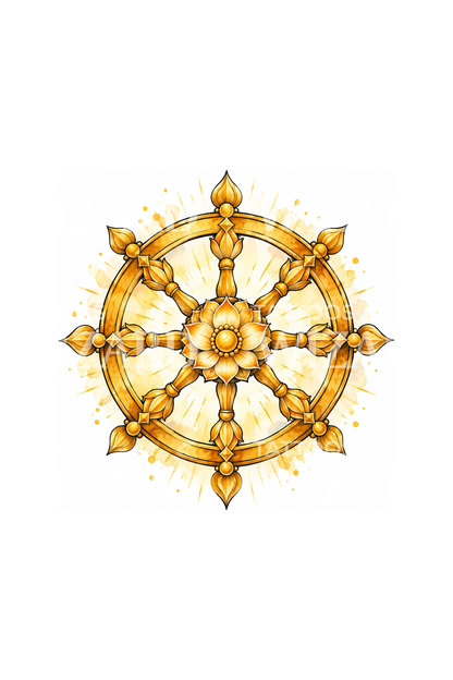 Golden Dharma Wheel Watercolor Tattoo Idea