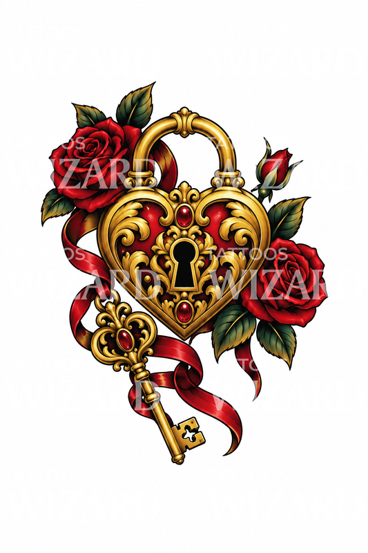 Golden Heart Padlock and Key Tattoo Idea