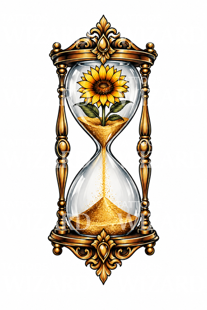 Idea de tatuaje de reloj de arena dorado con girasol