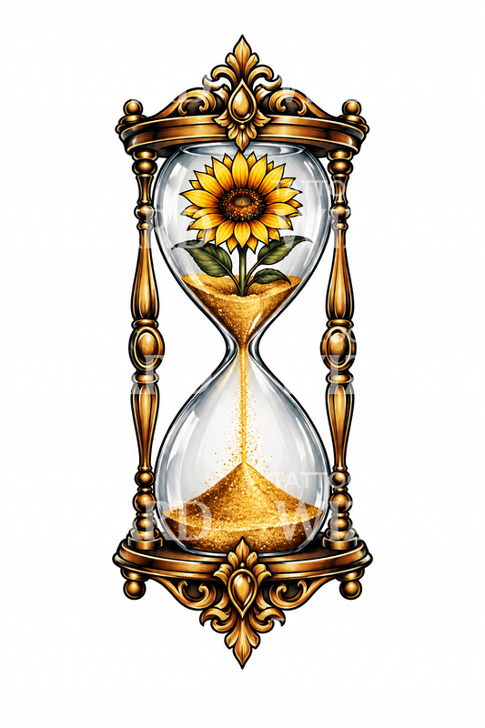 Idea de tatuaje de reloj de arena dorado con girasol