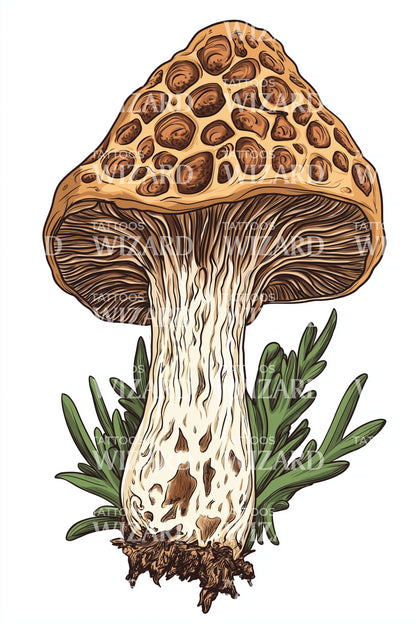 Golden Morel Botanical Tattoo Illustration