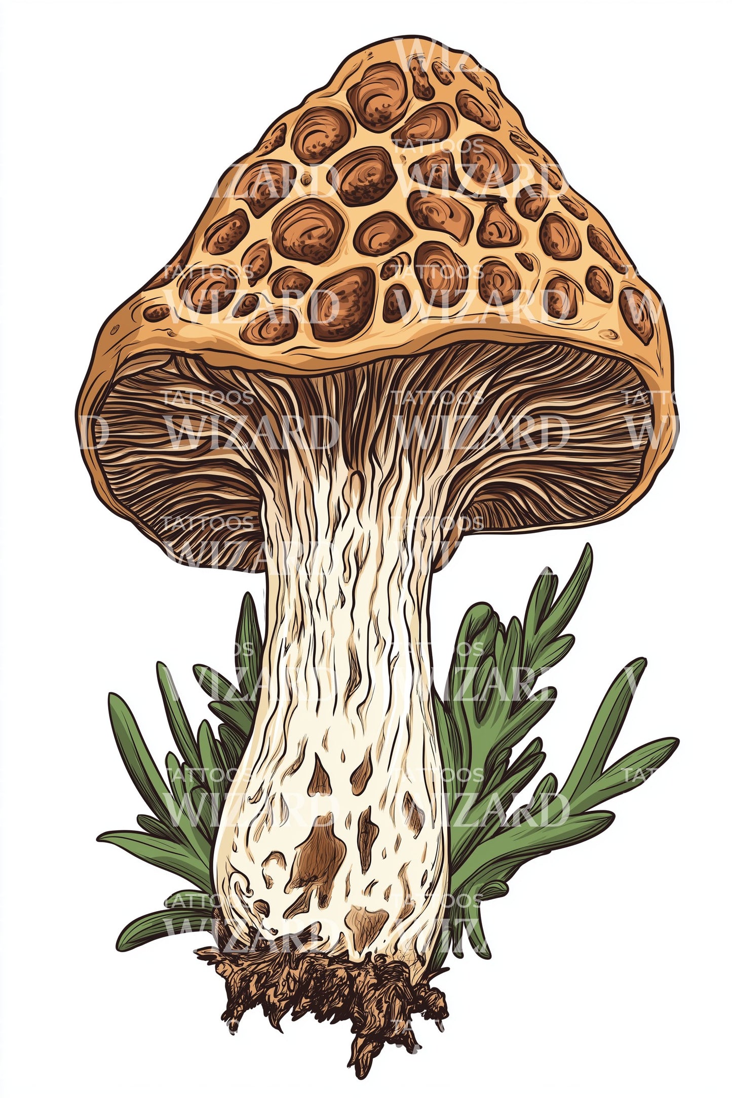 Golden Morel Botanical Tattoo Illustration