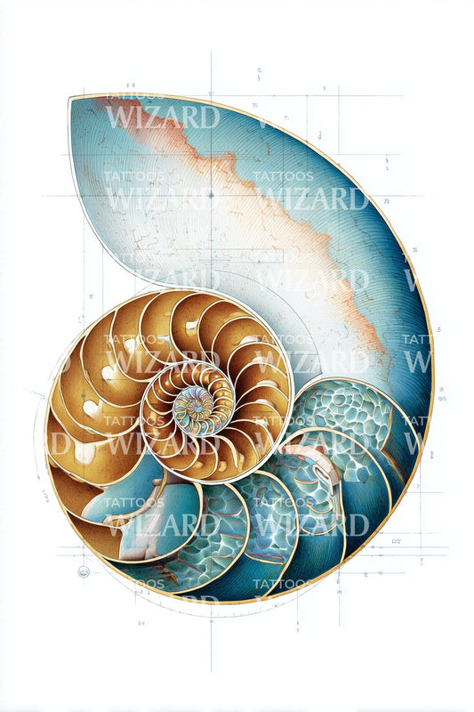 Golden Nautilus Blueprint Tattoo Idea