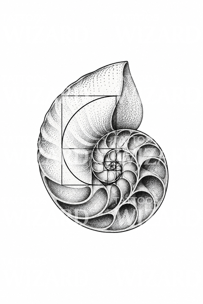 Golden Ratio Spiral over Nautilus Shell Sacred Geometry Tattoo