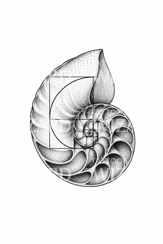 Golden Ratio Spiral over Nautilus Shell Sacred Geometry Tattoo