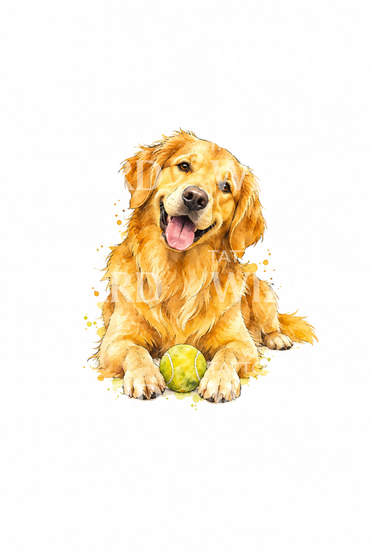 Aquarell-Tattoo-Design mit Golden Retriever und Tennisball
