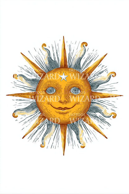 Golden Smiling Sun Tattoo Design