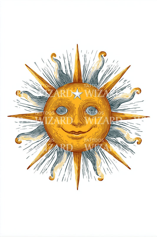Golden Smiling Sun Tattoo Design
