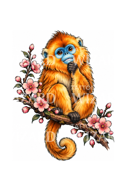 Tatuagem de macaco-dourado de nariz arrebitado num ramo florido