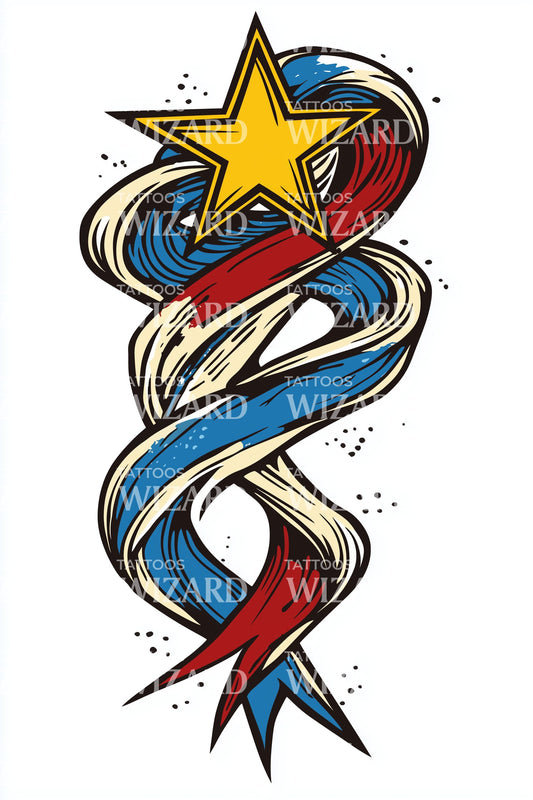 Golden Star Ribbon Emblem Tattoo Design