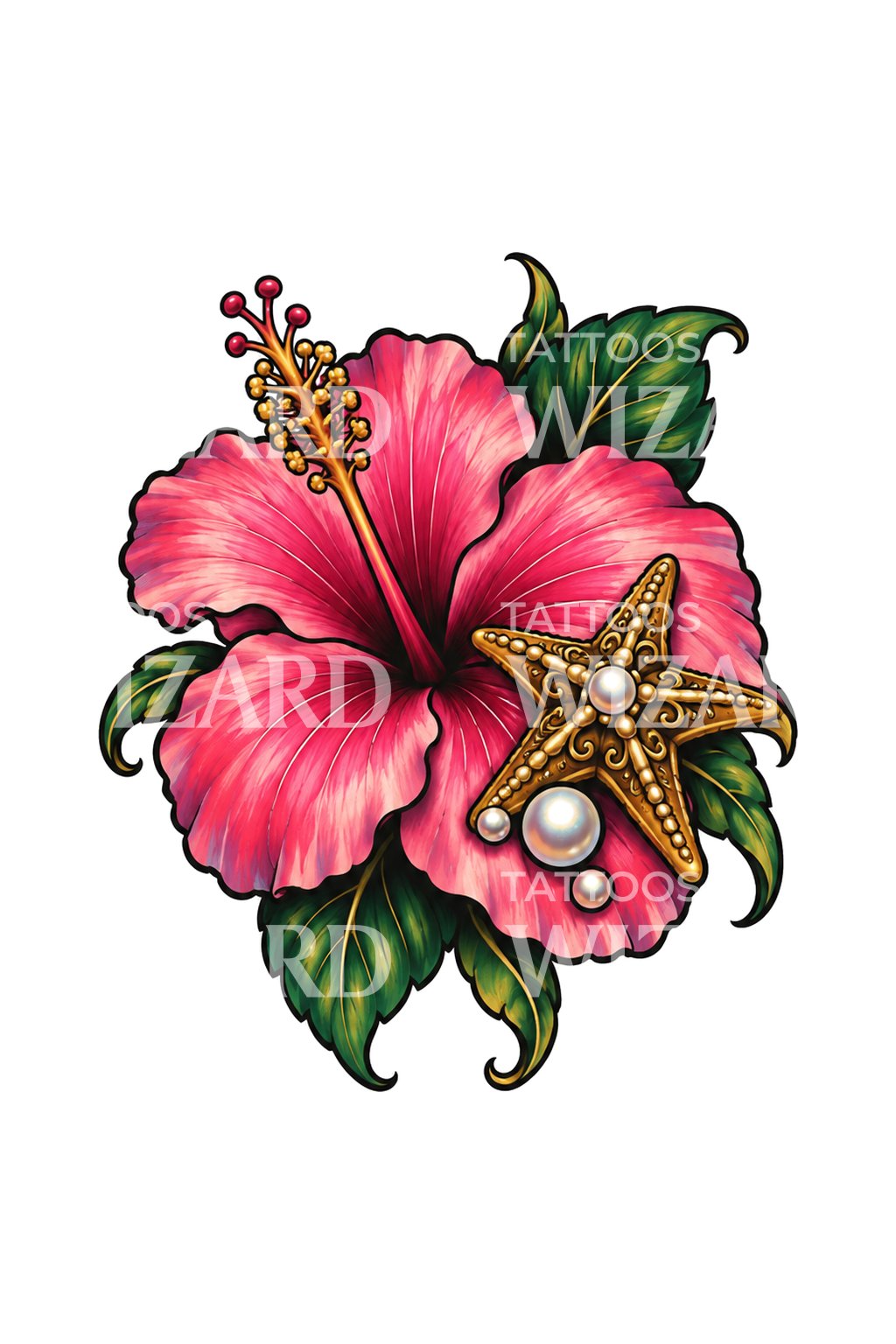 Golden Starfish Hibiscus Treasure Tattoo Design
