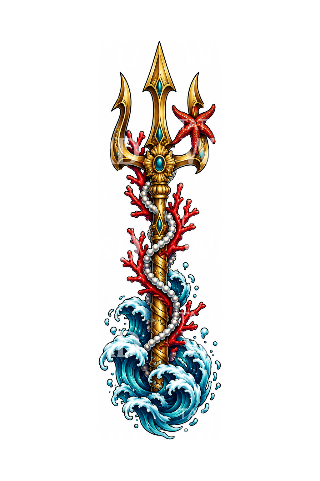 Diseño de tatuaje de tridente dorado con coral y perlas