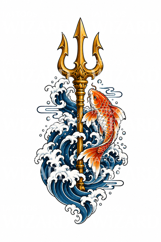 Tridente dorato con koi e onde, idea per tatuaggio giapponese