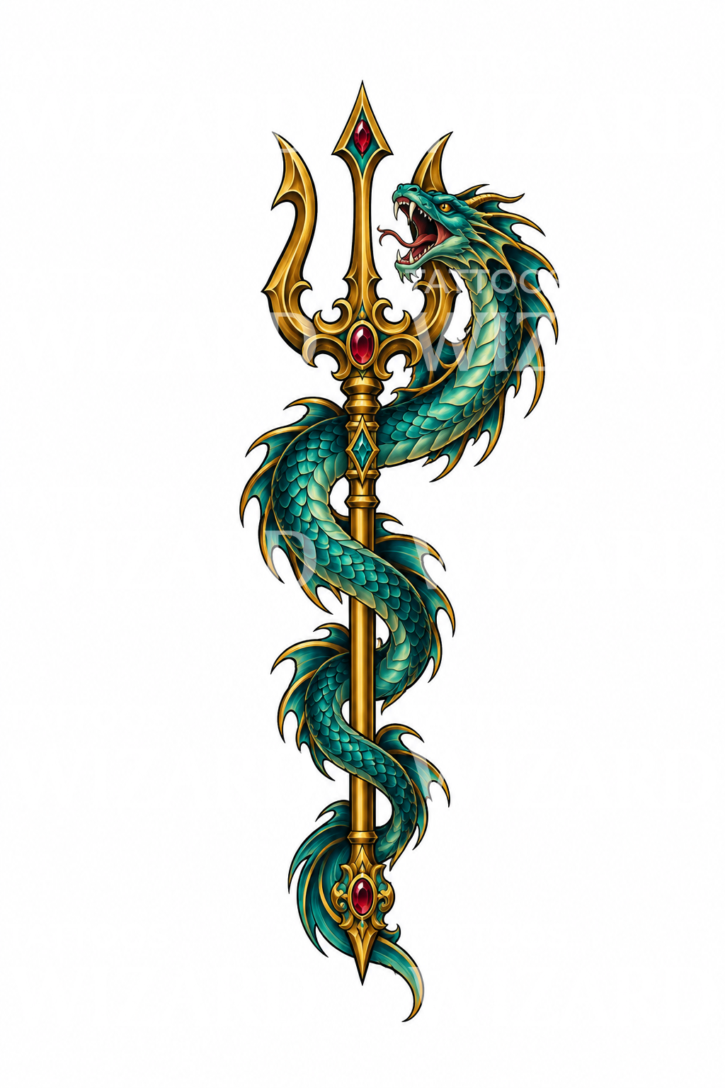 Golden Trident with Sea Serpent Tattoo Design
