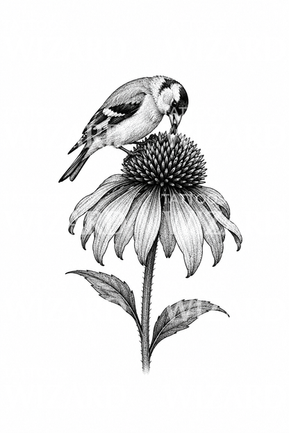Stillits på purpursolhat, dotwork-tatovering