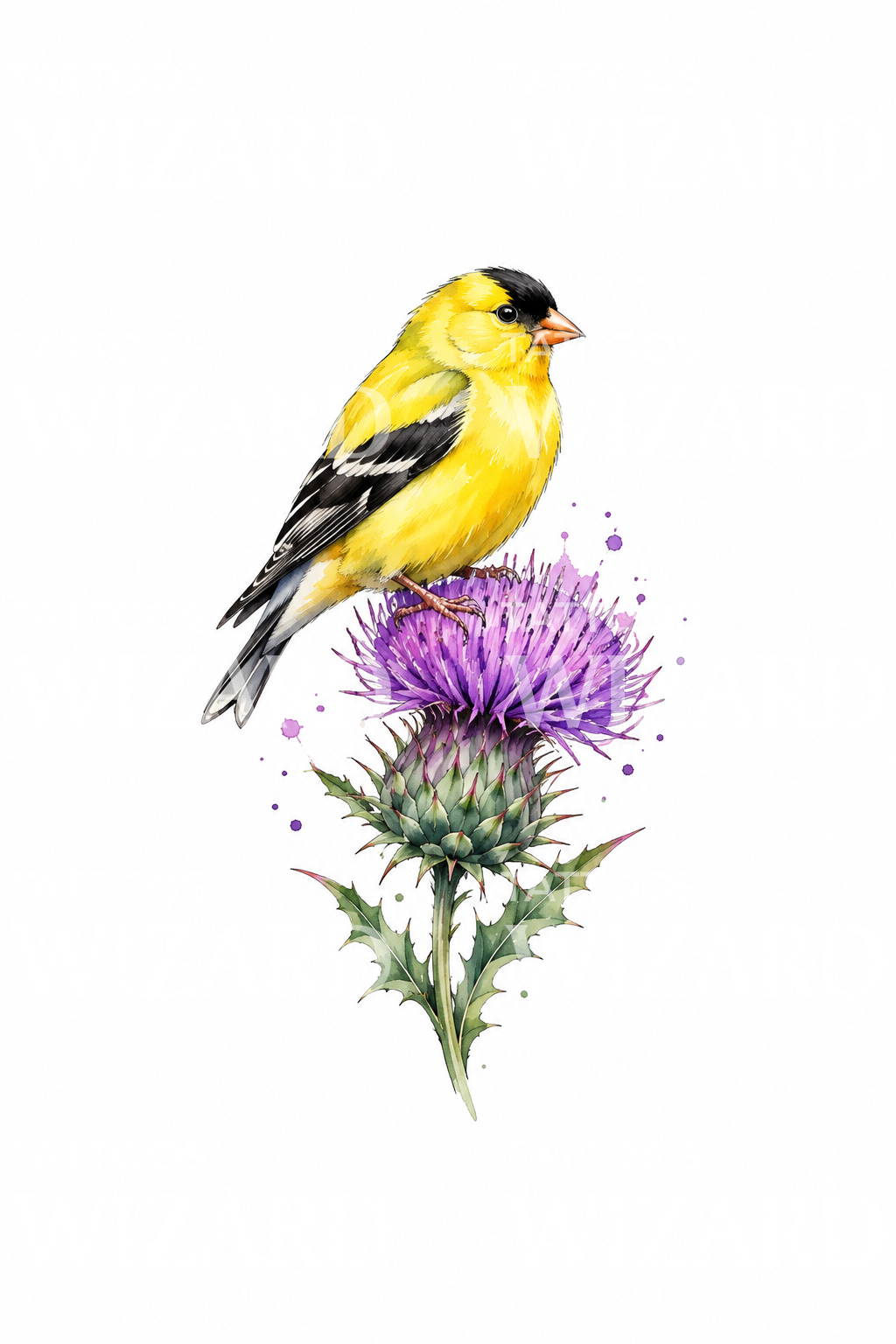 Goldfinch on Purple Thistle Watercolor Tattoo