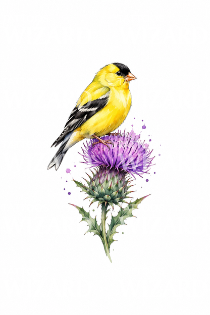 Goldfinch on Purple Thistle Watercolor Tattoo