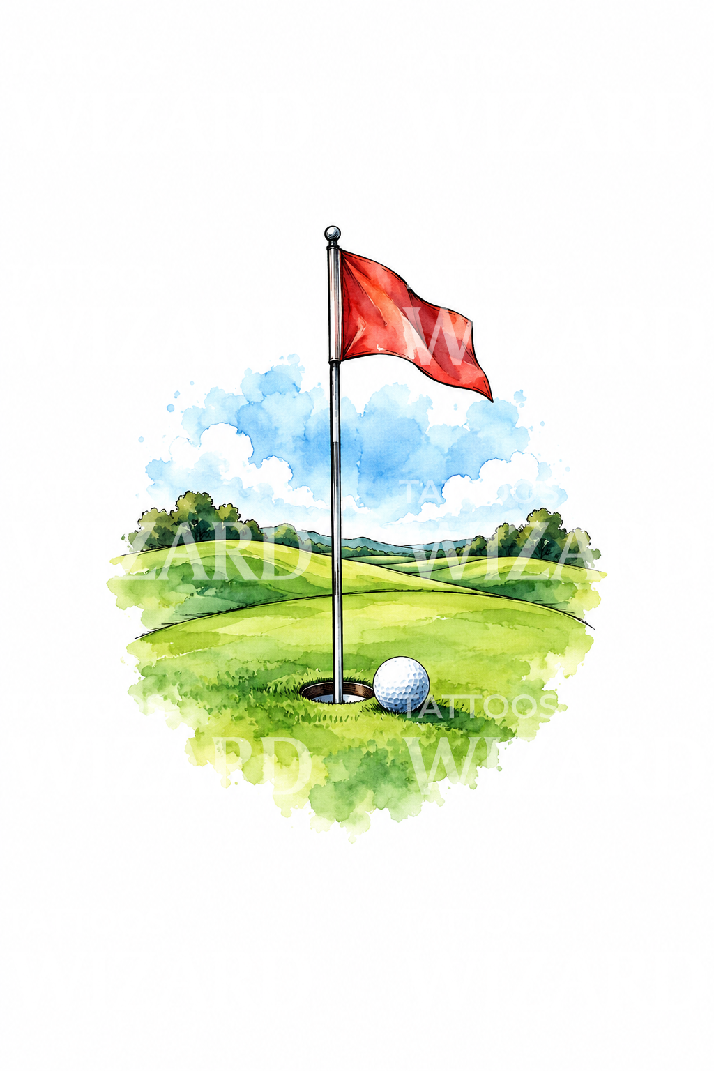 Golf Flag on Green Watercolor Tattoo
