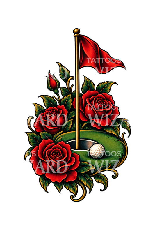 Golf Hole Flag and Roses Tattoo Design