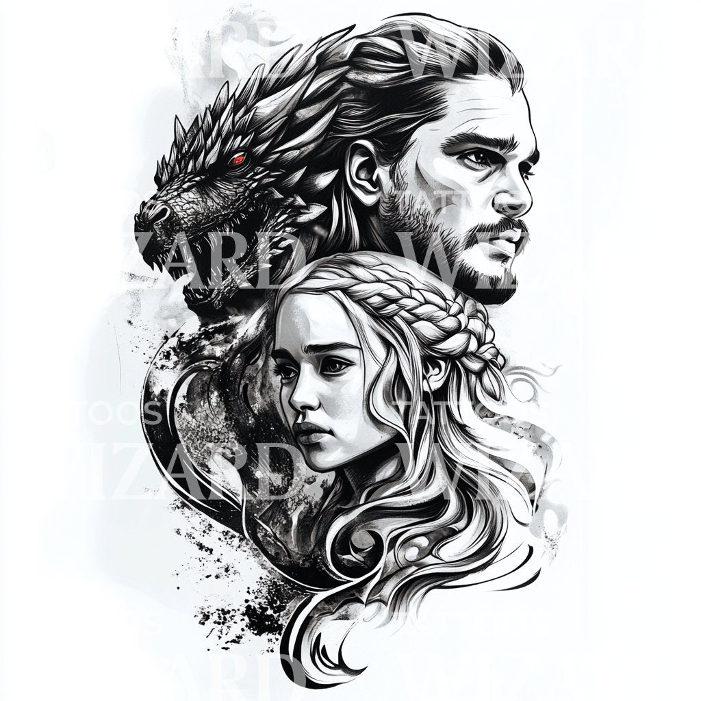 GoT Jon Snow and Daenerys With Dragon Portrait Tattoo Design