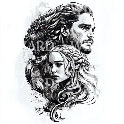 GoT Jon Snow és Daenerys sárkányos portré tetoválásminta
