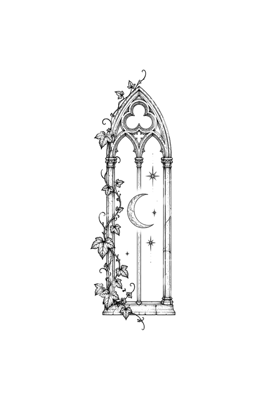Idea de tatuaje de ventana gótica con arco y luna creciente