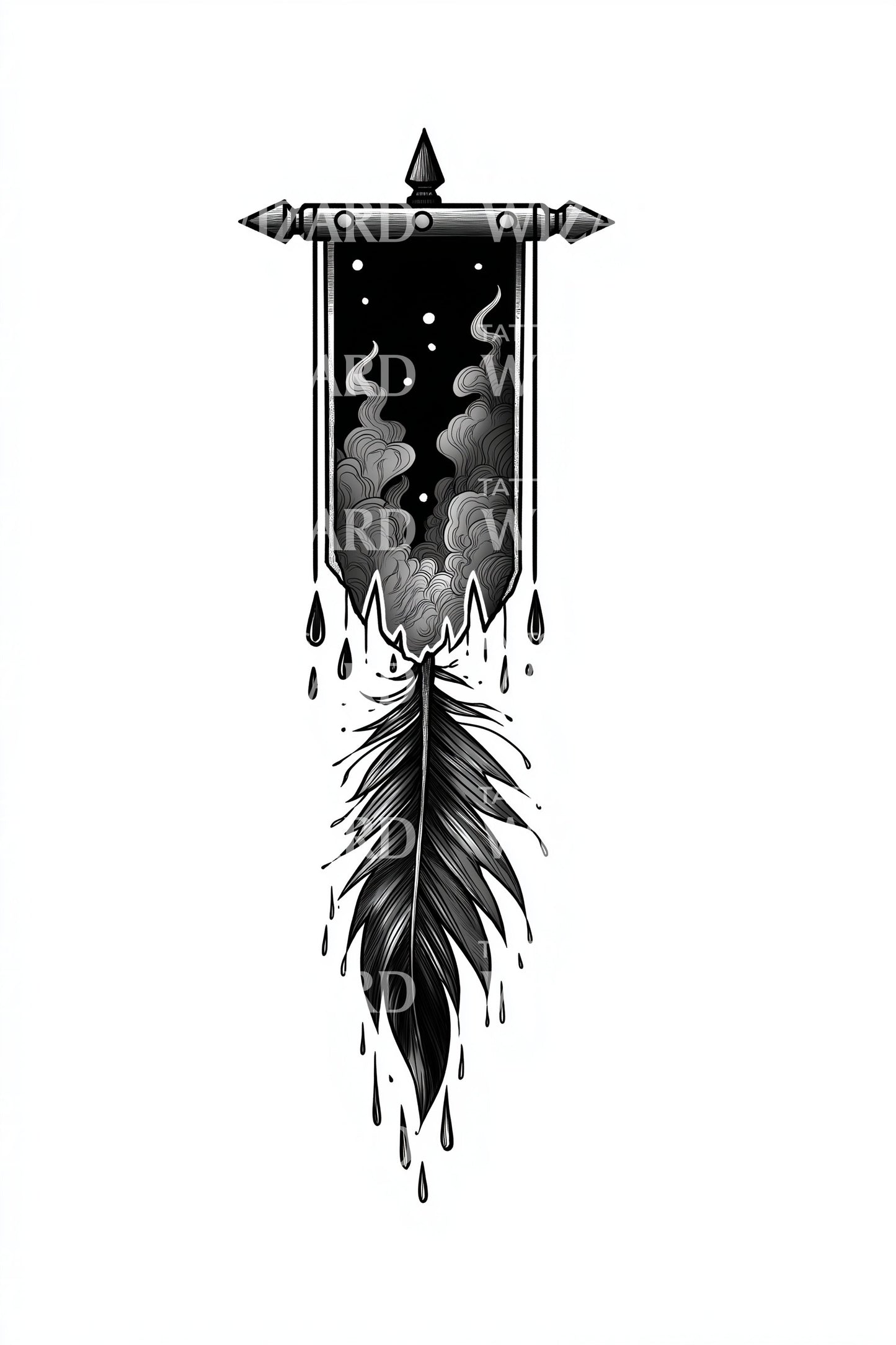 Gothic Banner Hanging Feather Tattoo Design