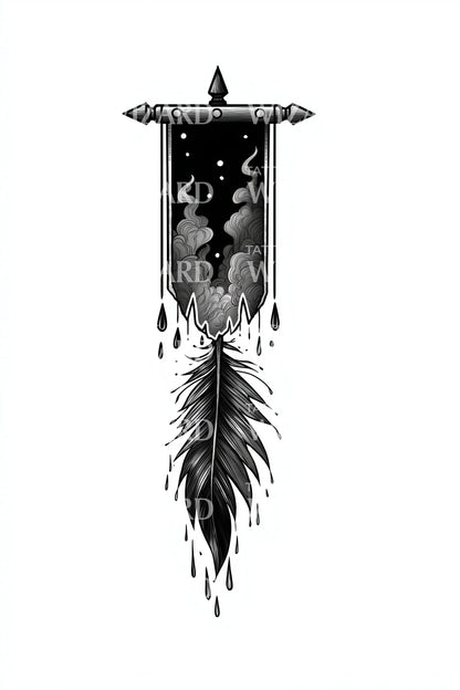 Gothic Banner Hanging Feather Tattoo Design