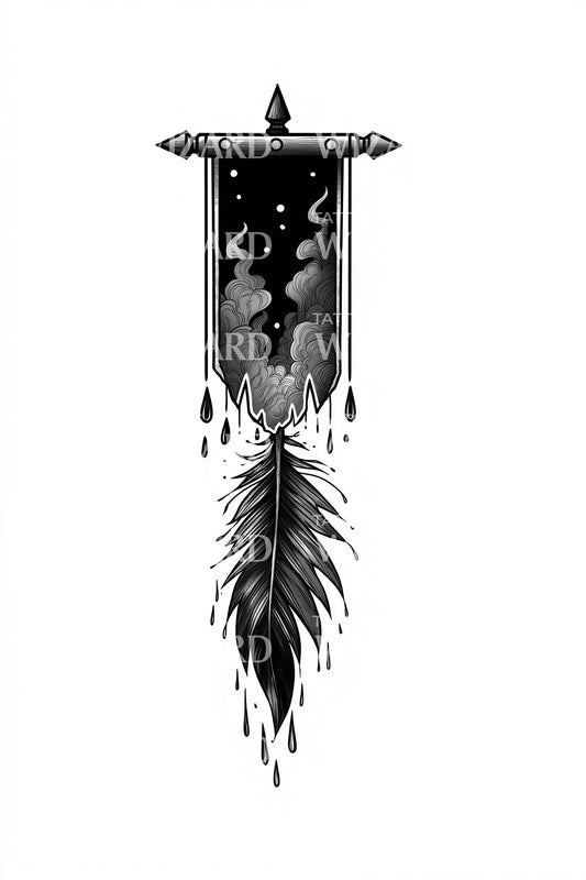 Gothic Banner Hanging Feather Tattoo Design