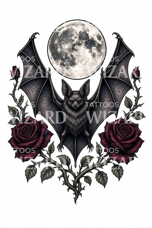 Design de tatuagem gótica com morcego, lua e rosas