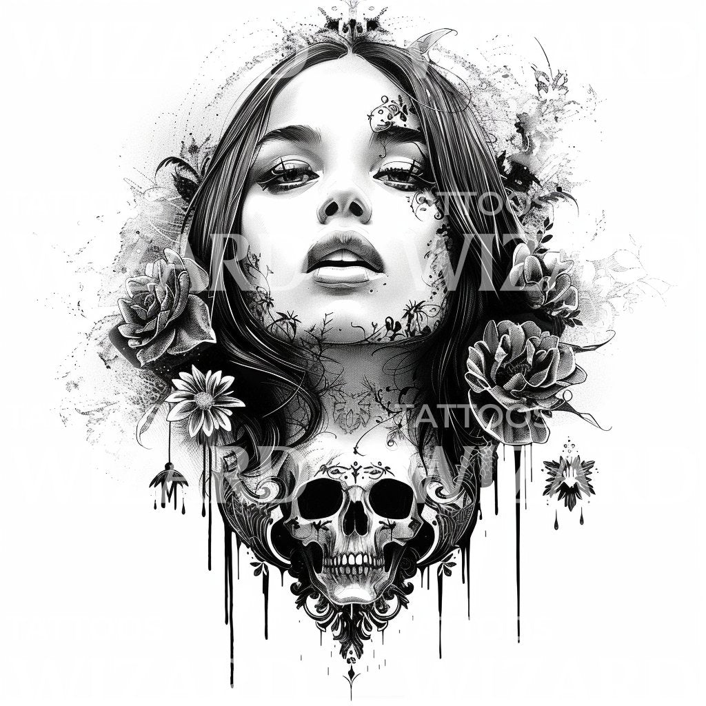 Gothic Beauty and Skull Harmony Tattoo Idea