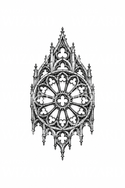 Diseño de tatuaje de rosetón de catedral gótica