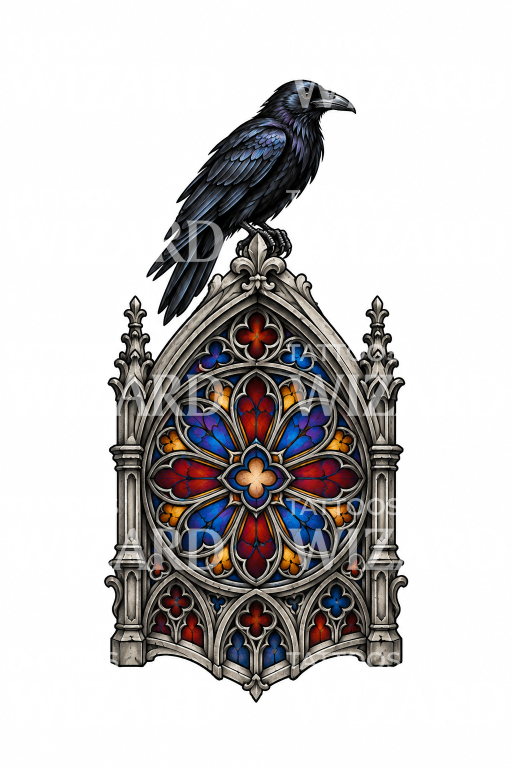 Jendela mawar katedral gotik dengan burung gagak