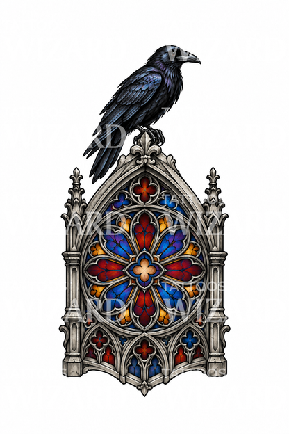 Jendela mawar katedral gotik dengan burung gagak